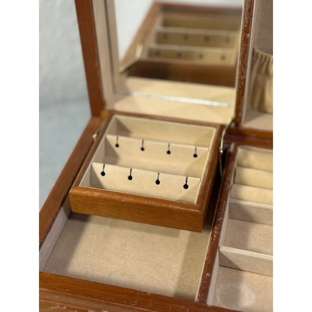 Vintage Wooden Jewelry Box Mirror Drawer Brass Hardware Brown Estate Organzier